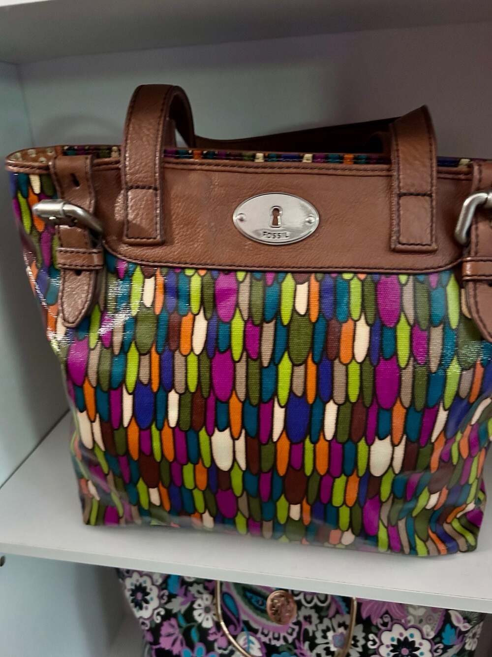 Fossil Key-Per Calypso Multi-Color Coated Canvas Tote Shoulder Bag